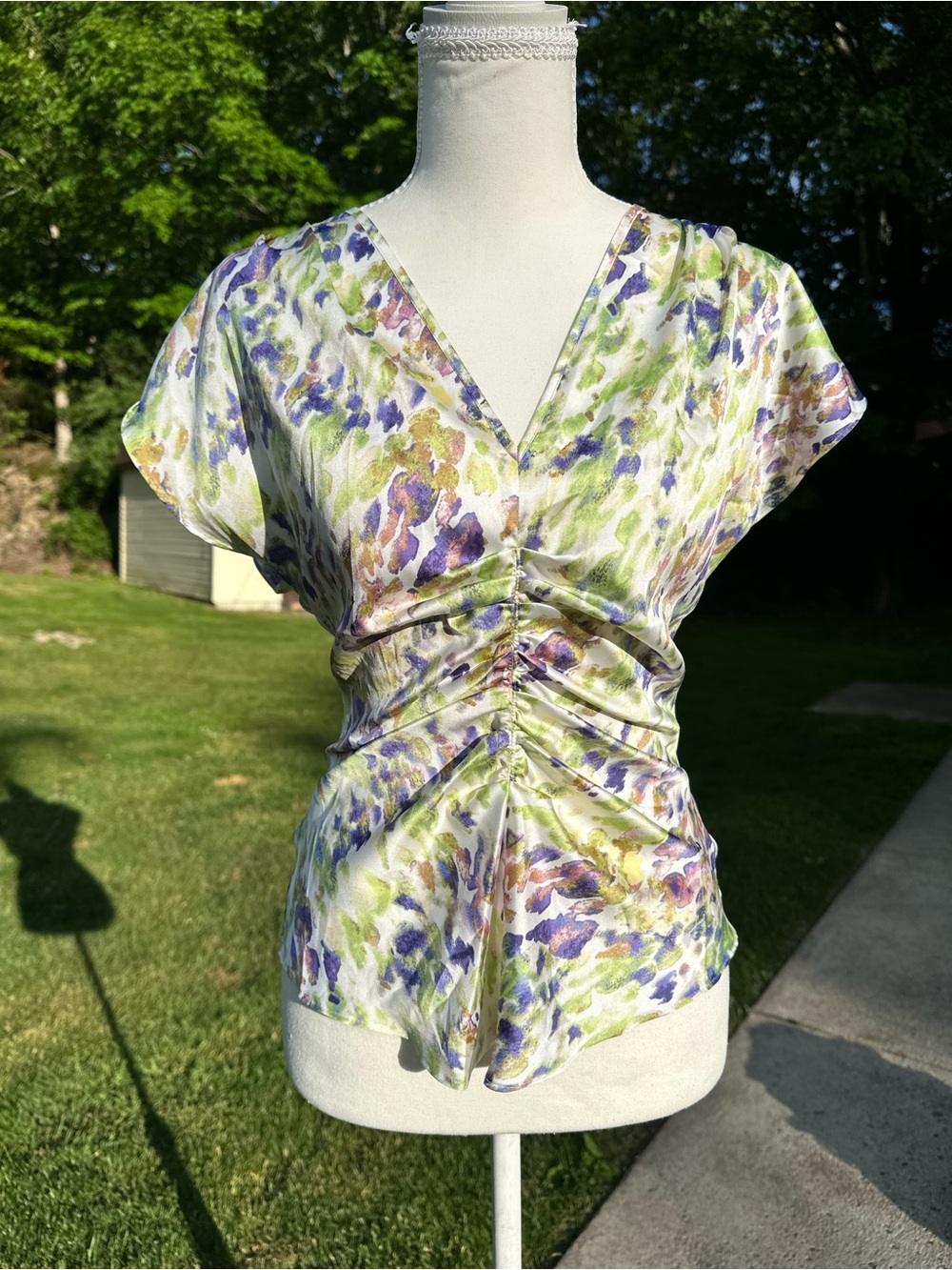 White House Black Market Green & Purple Floral Ruched V-Neck Top